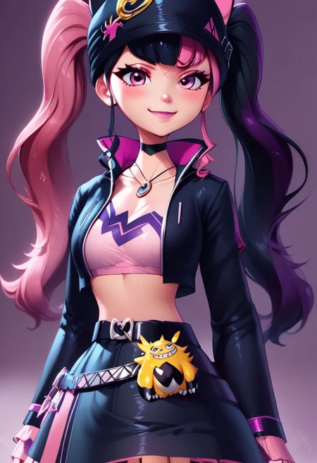 (score_9, score_8_up:1.1), score_7_up,
subsurface scattering,
purple theme background,glitter,sparkles,shiny,1girl, Live - action adaptation of a 3d character, 1girl, solo,
BREAK,
curvy,
zzZoerayne, 1girl, solo, pink eyes, multicolored hair, two-tone hair, split-color hair, twintails, long hair, black hat, animal ear headwear, black choker, black jacket, cropped jacket, choker, belt, miniskirt, black skirt, necklace, pendant, midriff, crop top
wide hips, curvy,
BREAK,
charming face, smile, closed mouth, blushing, looking at viewer,