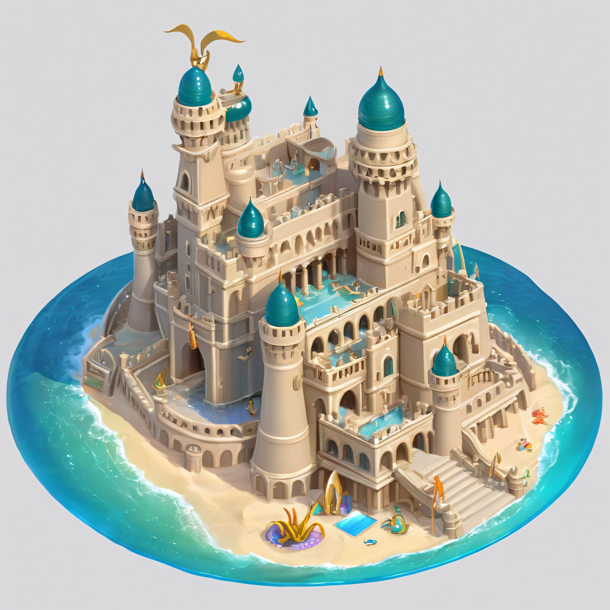 ((masterpiece, best quality)),  absurdres,  Isometric_Setting,  highly detailed,  sand castle,  king neptune's water palace, <lora:Stylized_Setting_SDXL:0.8>