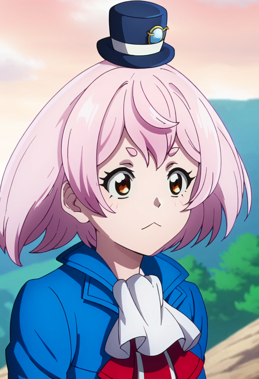 score_9,  <lora:Emul_human_redo:1> emul_human, 1girl, brown eyes,  ascot, blue jacket, emul_human, long sleeves, mini hat, outdoors, parody, pink hair, short hair, sky, solo, thighhighs, upper body, white hair