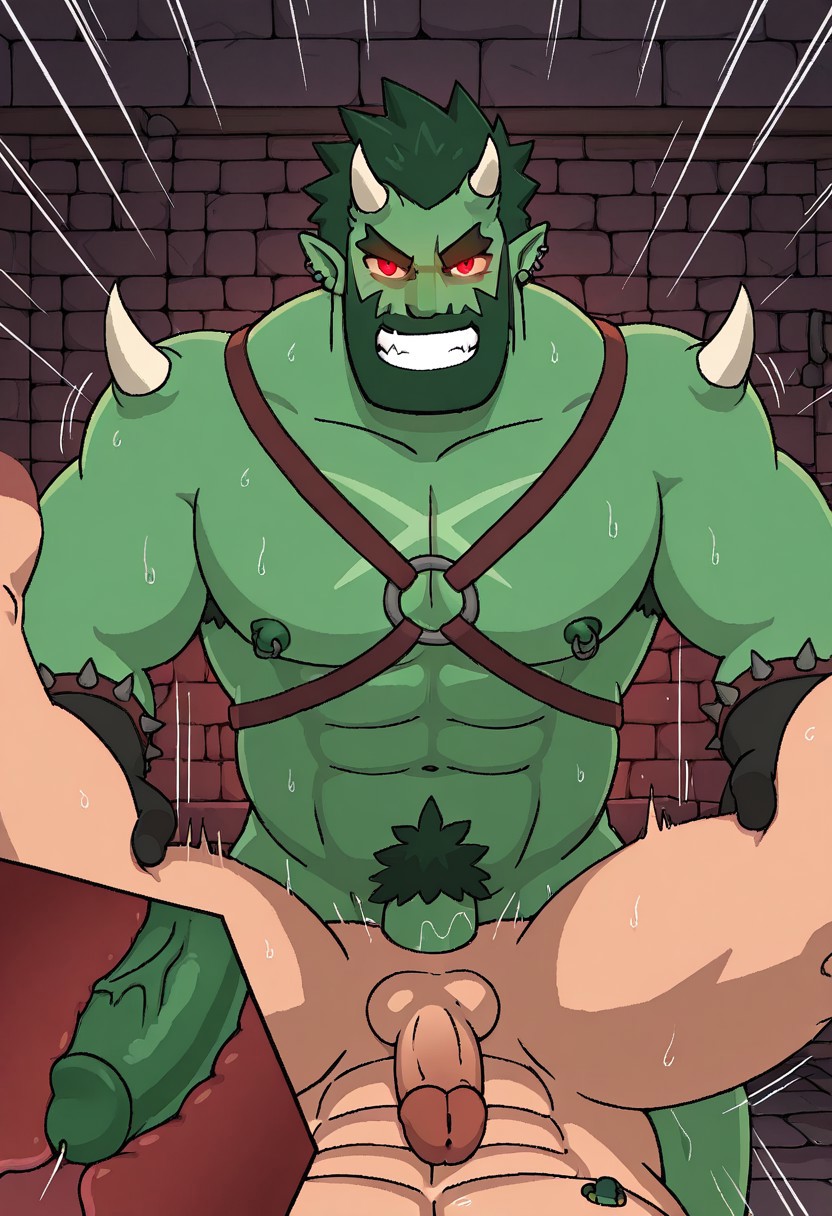 AstarothRMA, facial hair, bara, hair, (((red glowing eyes))), pectorals, abs, muscular, horns, green skin, pointy ears, tusks, beard, nipple piercings, harness, gloves, nude, penis, BREAK,
Sweaty, scowl, evil grin, grabbing another's legs, leaning forward, looking at viewer, BREAK,
dungeon, male focus, male solo focus, piledriver, anal sex, penetration, cross-section with penis, human, interspecies BREAK,
Pov View, close up, from below, dynamic, creative, motion lines, bara, masterpiece,best quality,amazing quality,