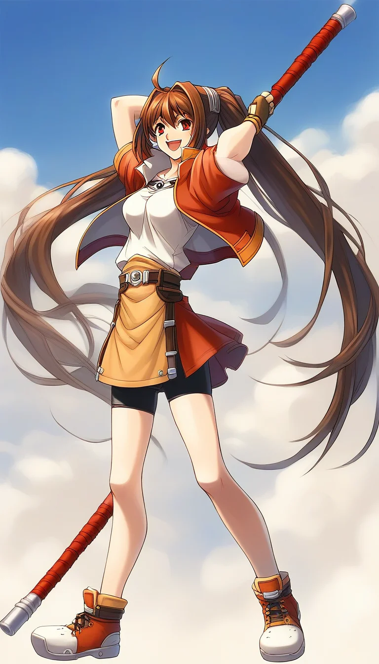 score_9, score_8_up, score_7_up, source_anime, rating_explicit, BREAK <lora:Estelle_Bright_Retro_XL:1> Estelle_Bright, brown hair, very long hair, twintails, ahoge, red eyes, hair intakes, medium breasts,
1girl, solo, twintails, gloves, weapon, staff, skirt, bike shorts, fingerless gloves, smile, shoes, cropped jacket, full body, miniskirt, belt, open mouth
outdoor, sky,