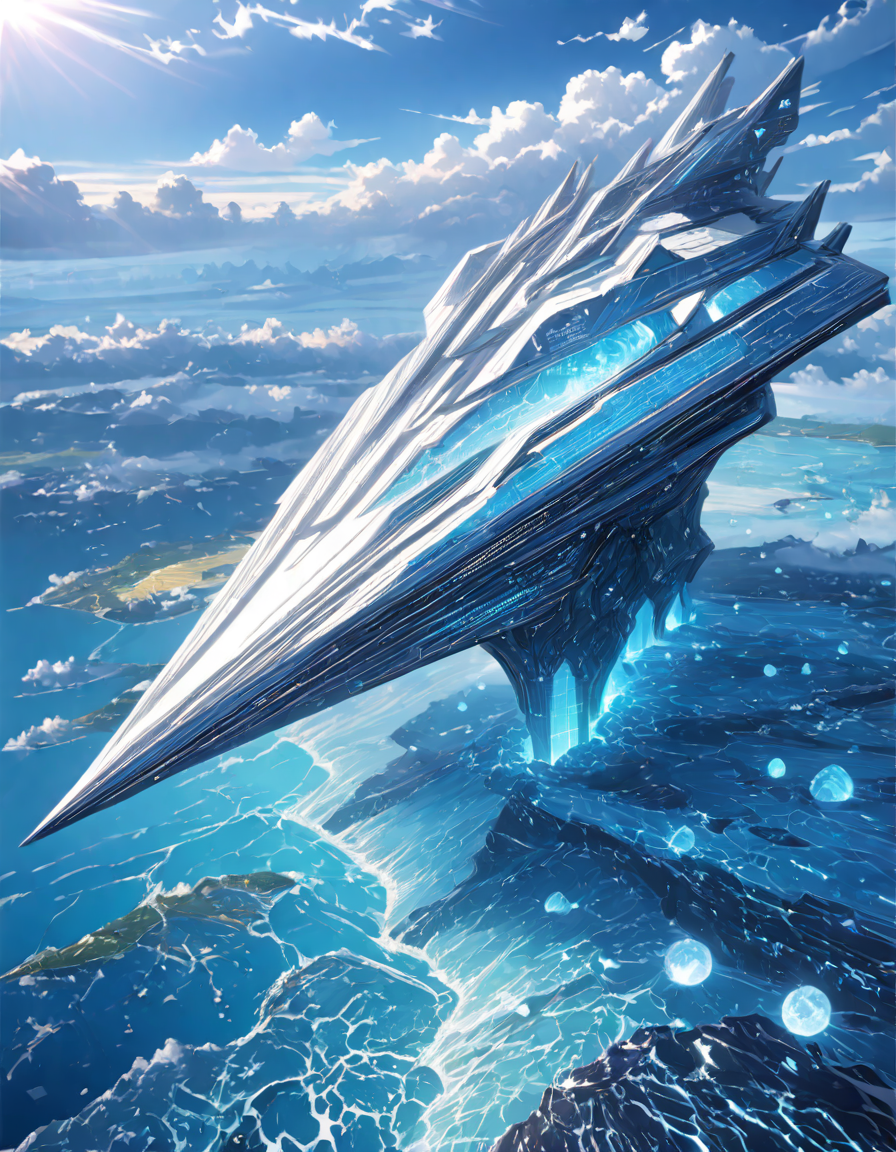 <lora:SW_Minis_7xlc:1> above city and lakes, blue, day, epic scale, fantasy, huge angular design mothership, illuminated, marble, rough sea, t9, from side