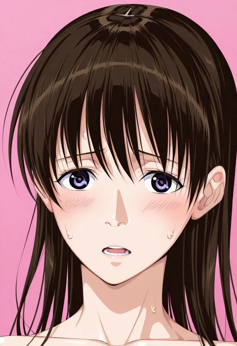 score_9, score_8_up, score_7_up, source_anime,(extremely detailed CG), (best quality), 
1girl, solo, blush, brown hair, pink background, open mouth, purple eyes, long hair, sweat, simple background, portrait, sweatdrop, karen,looking at viewer,