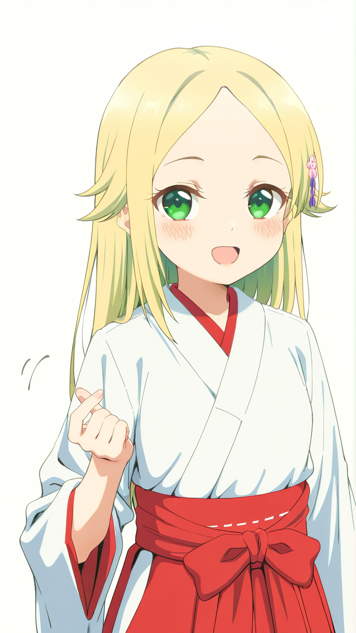 white_background,simple background,1girl,solo,looking_at_viewer,blush,anime screenshot,sincos,<lora:Matsugasaki_Karen_Illustrious_v2:1>,Matsugasaki Karen,open mouth,miko,:d,beckoning,hair_ornament,, masterpiece, best quality