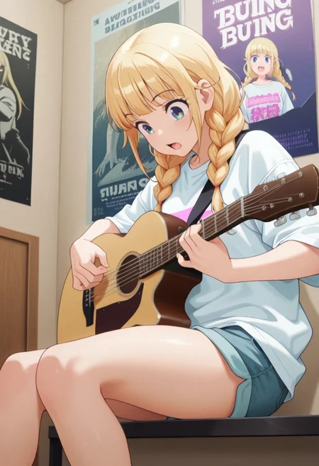 masterpiece,best quality,amazing quality, tsukimi eiko, long hair, blonde hair, blue eyes, 1girl, music, instrument, guitar, solo, sitting, twin braids, shirt, braid, playing instrument, shorts, open mouth, poster (object), white shirt