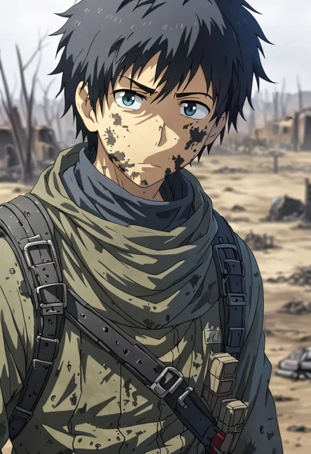 high resolution, solo, best quality, 1Boy, Arata Kaizaki, Black Hair, shallow depth of field, Post-Apocalyptic, survival, OverallDetail