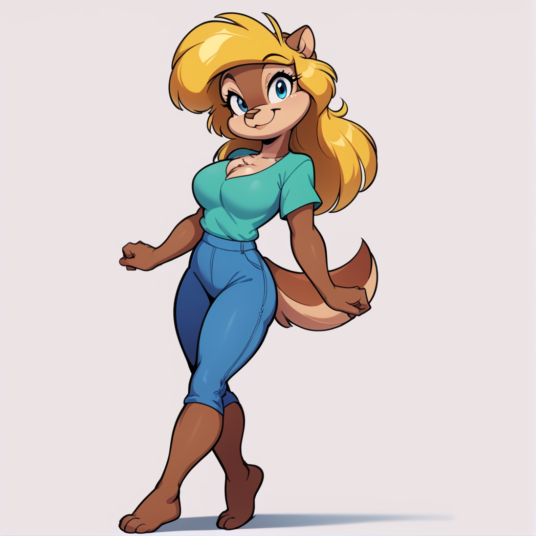 score_9, score_8_up, score_7_up, score_6_up, score_5_up, score_4_up, (Source furry),  <lora:Amy_Squirrel (2):0.8>, 1girl, solo, breasts, looking at viewer, smile, blue eyes, simple background, shirt, white background, animal ears, cleavage, medium breasts, closed mouth, standing, tail, full body, barefoot, furry, walking, blue pants, green shirt, animal nose, snout, amy squirrel , blonde hair, long hair, two tone fur, brown fur, furry female, body fur <lora:CitronAnimeTreasure:1>