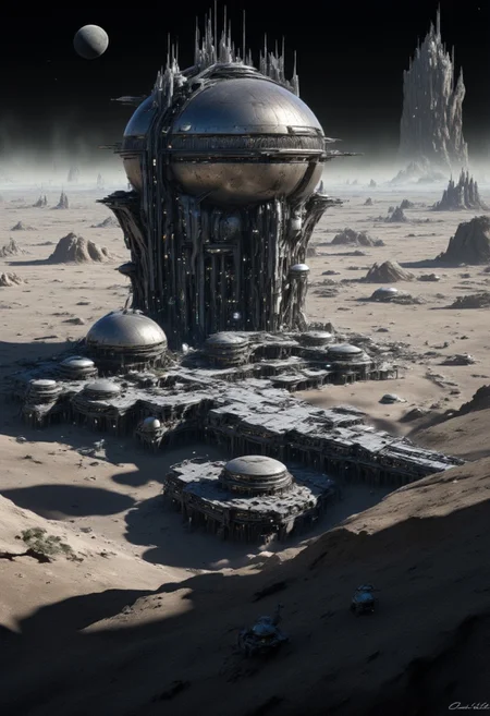 mythp0rt, masterpiece oil painting, landscape of a futuristic sci-fi moon base, gleaming metals and ceramics, domes, cratered environment, dusty, thin haze, a large planet dominating the skyline