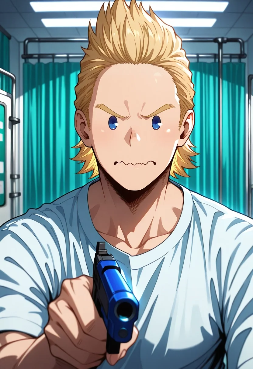 masterpiece, best quality, , (photorealistic:0.6), , 1boy, solo, male focus, <lora:mirio_toogata_ilxl:0.98>, mirio_toogata, blonde hair, blue eyes, short hair, , , panorama, hospital, midnight, holding weapon, wavy mouth,