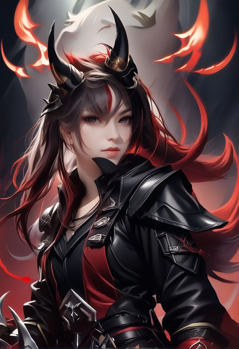 A horned female teen rogue wearing ((leather armor)), black suit, oni girl with wolf-ears, dangerous Kemonomimi waif, brunette assassin, tiefling thief, black hair, three small horns, [onii (Shuna, Hakurou) horns], tri-horns on forhead (masterpiece:1.5), (best quality), (disharmonic + ugly + unaesthetic:1.5)