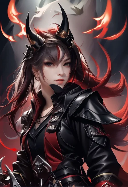 A horned female teen rogue wearing ((leather armor)), black suit, oni girl with wolf-ears, dangerous Kemonomimi waif, brunette assassin, tiefling thief, black hair, three small horns, [onii (Shuna, Hakurou) horns], tri-horns on forhead (masterpiece:1.5), (best quality), (disharmonic + ugly + unaesthetic:1.5)