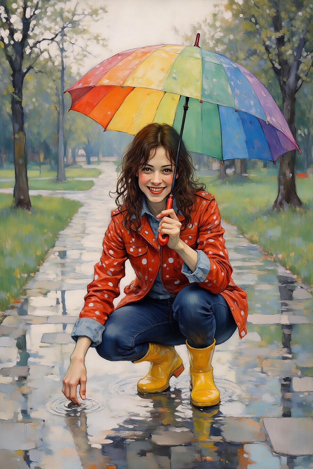 kaoruyamada1 painting.
A young woman, angled from slightly above and to the right, crouching low to the ground in a puddle. The young woman is wearing bright yellow rubber boots and a red jacket with white polka dots. The jacket sleeves are pushed up to reveal blue cuffs. The young woman also wears dark blue jeans and has a smile on her face as she extends her right index finger to touch the water in the puddle. She holds a large, open umbrella with rainbow-colored panels and a red handle over her. The ground is wet and paved with grey stones, reflecting the sky and umbrella. The background is slightly blurred, showing hints of green grass and trees. The lighting is overcast and diffused, typical of a rainy day. <lora:kaoruyamada1_f16e9:1.0><lora:868885632439612115:0>