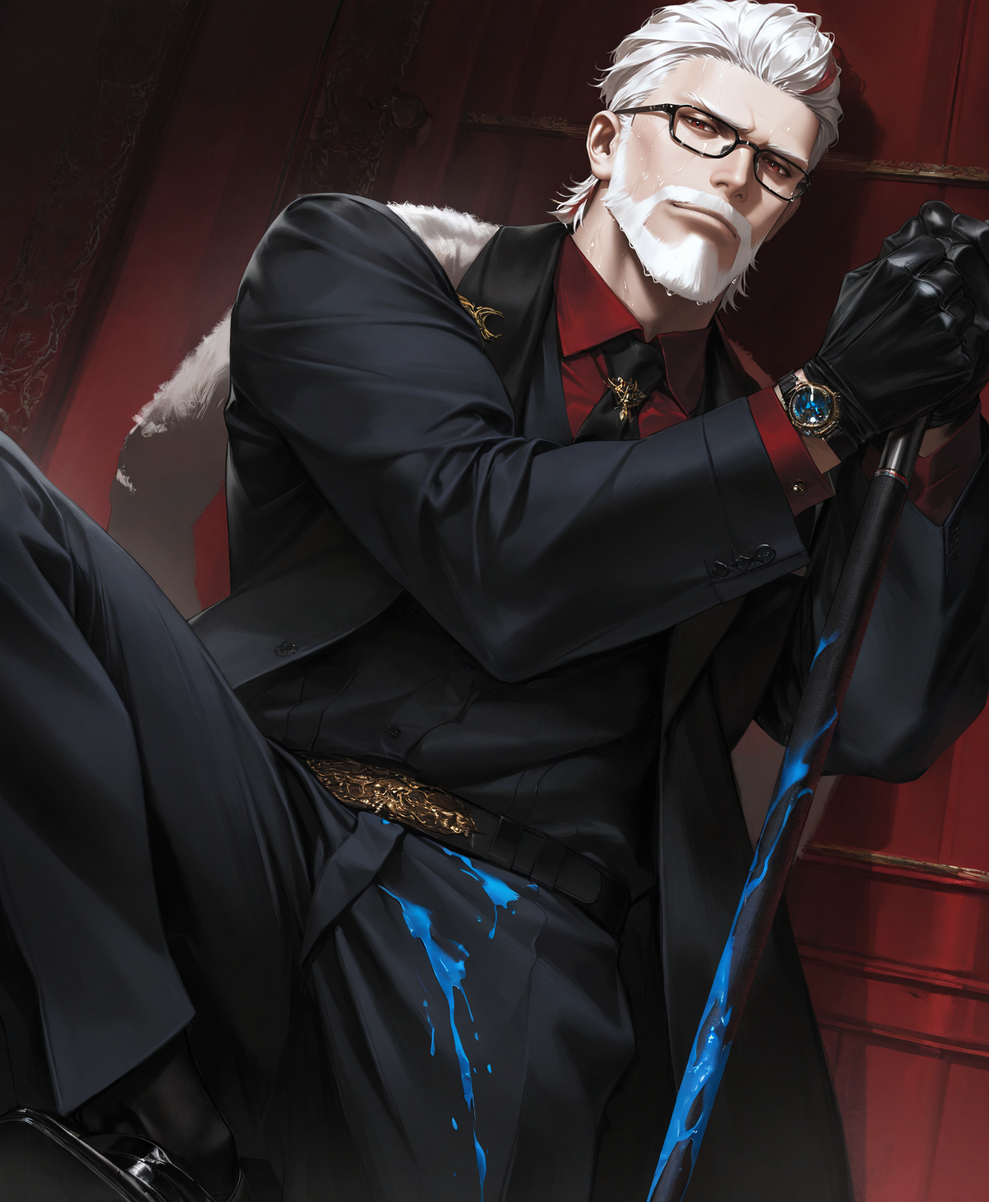 realistic shading,expressive face,looking at viewer1boy,beard,white hair,facial hair,beard,mature male,mustache,short hair,red eyes,gloves,black footwear,black gloves,<lora:MORIIIL:0.7>,Black inner,old,aged up,formal,manly,dynamic angle,masterpiece,best quality,wet,imposing,dynamic angle,intricately detailed illustration,masterpiece,best quality,amazing quality,very aesthetic,absurdres,newest,holding cane,the godfather,black-framed eyewear,, score _9,score_8_up, score_7_up,source_anime,rating_explicit,