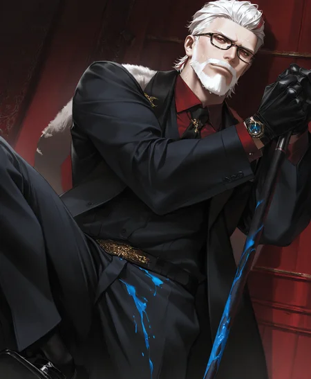 realistic shading,expressive face,looking at viewer1boy,beard,white hair,facial hair,beard,mature male,mustache,short hair,red eyes,gloves,black footwear,black gloves,<lora:MORIIIL:0.7>,Black inner,old,aged up,formal,manly,dynamic angle,masterpiece,best quality,wet,imposing,dynamic angle,intricately detailed illustration,masterpiece,best quality,amazing quality,very aesthetic,absurdres,newest,holding cane,the godfather,black-framed eyewear,, score _9,score_8_up, score_7_up,source_anime,rating_explicit,