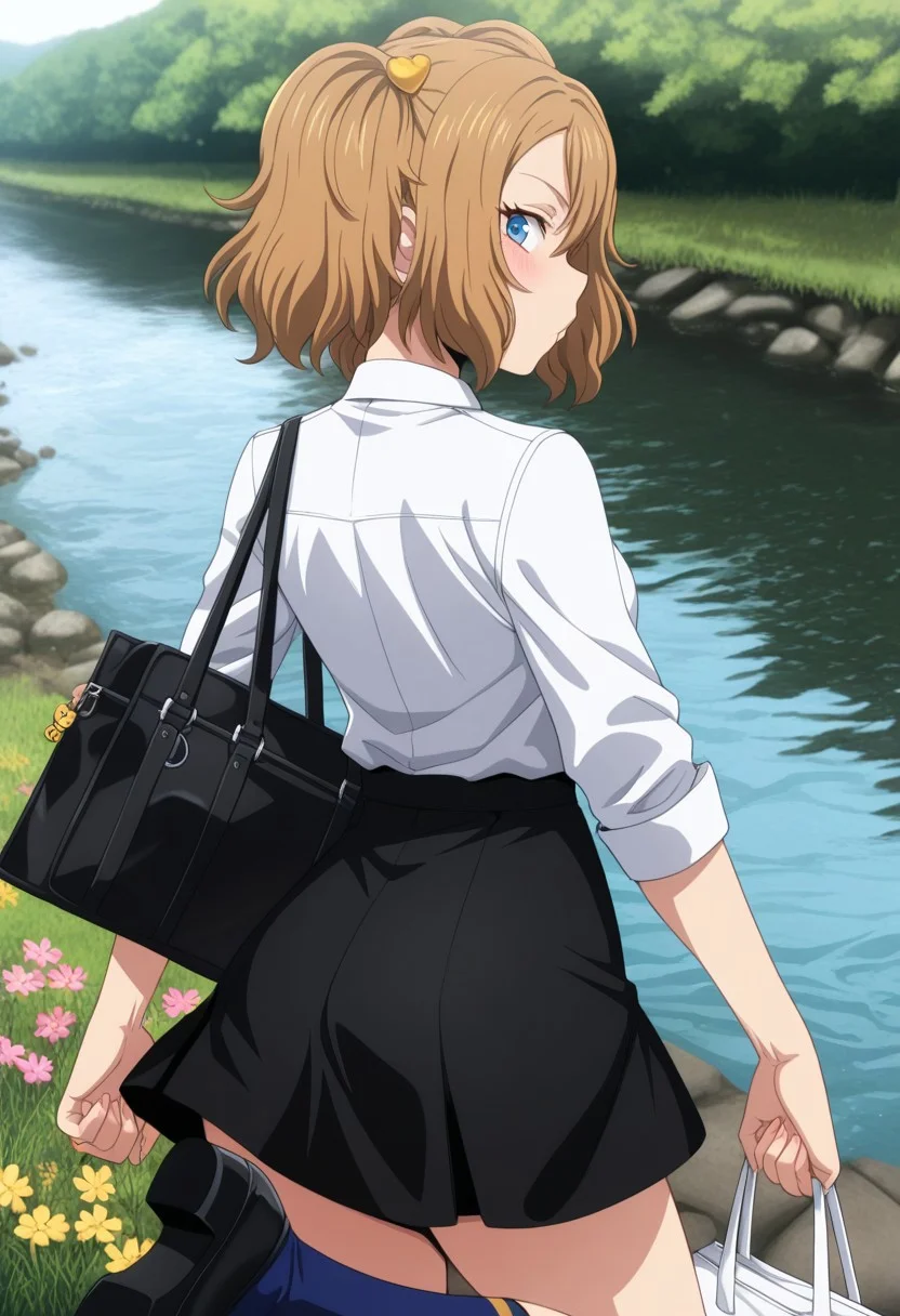 masterpiece,best quality,amazing quality, masterpiece, best quality, very aesthetic,
LovUEruza, light brown hair, EruBrownEyes, EruPigtails, EruHairpins, styding uniform, EruBeigeStydingVest, EruWhiteShirt, EruBlueRibbon, EruBlackSkirt, EruDarkBlueSocks, EruBlackShoes,
standing on one leg, holding student bag, silly pose, looking back at you,
outdoors, river, blooming sakura,
