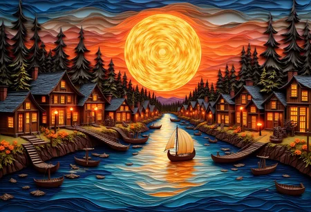 A paper quilling, layered paper depiction of a boat on a body of water, golden steampunk city atmosphere, large glowing moon, wooden houses, fire light, very realistic painting effect, atmosphere, gold-orange planet, taverns nighttime lifestyle, hyper realistic, burning village, waterways, gorgeous painting, xixth century painting, fiery particles
