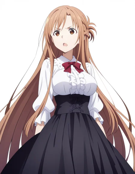 masterpiece, best quality, amazing quality,, <lora:asuna-yuuki-s3-illustriousxl-lora-nochekaiser:1>, asuna yuuki, yuuki asuna, long hair, bangs, brown hair, brown eyes, very long hair, braid, mature female, medium breasts, anime screencap, <lora:virgin-killer-outfit-illustriousxl-lora-nochekaiser:1>, virgin killer outfit, meme attire, high-waist skirt, center frills, frilled shirt, underbust, aran sweater, frilled shirt collar, red bowtie, frills, skirt,, <lora:dynamic-pose-illustriousxl-lora-nochekaiser:1>, dynamic pose, cowboy shot, annoyed, open mouth, , ,