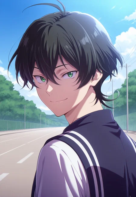 masterpiece,best quality,amazing quality, detailed details, shaded, detailed shading, detailed skin, shaded skin, realistic shading, countershading:1.1, outdoors, day, close-up, 1boy, solo, looking back, miya_(sk8), Miya Chinen, black hair, green eyes, school uniform, looking at viewer, smile