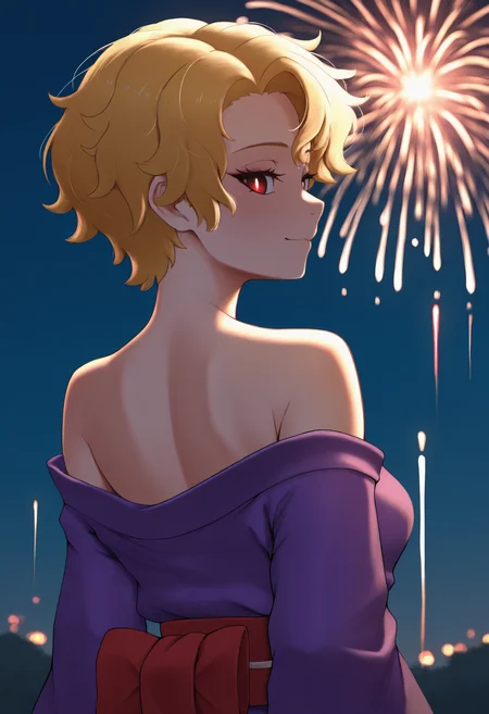 masterpiece, best quality, newest, anime, from behind, solo, 1girl, br1ar, slight smile, closed mouth, looking back, short hair, blonde hair, red eyes, white pupils, eyelashes, japanese clothes, purple kimono, off shoulder, red sash, bare shoulders, outdoors, night, fireworks
<segment:yolo-Anzhc Face seg 640 v2 y8n.pt,0.4,0.5//cid=1>