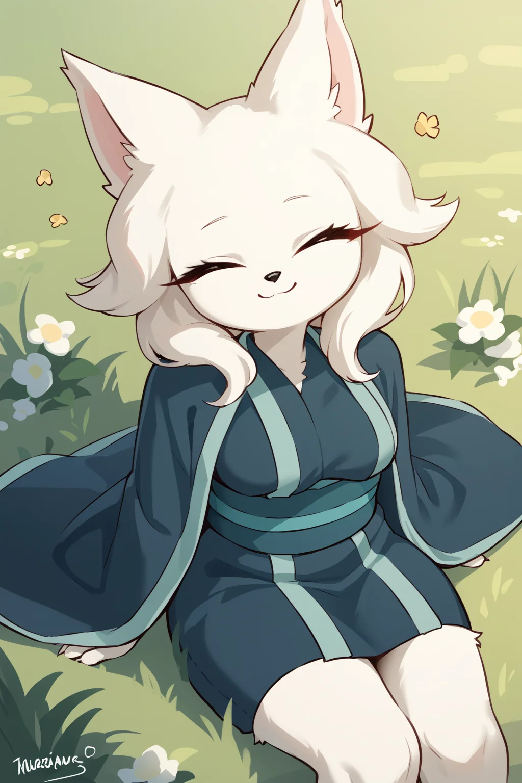 score_9, score_8_up, score_7_up, score_4_up, score_5_up, score_6_up, source_anime, <lora:Heng_Nine_Sols:0.7>, furry, anthro, body fur, white fur, fluffy fur, animal nose, large eyes, narrowed eyes, long eyelashes, animal ears, medium breasts, grass, looking at viewer
skindentation, kimono, robe, cloak,
(gratitude, (joyful ^_^ happy delighted blissful:1.1) , closed eyes, opened mouth, smile, ),