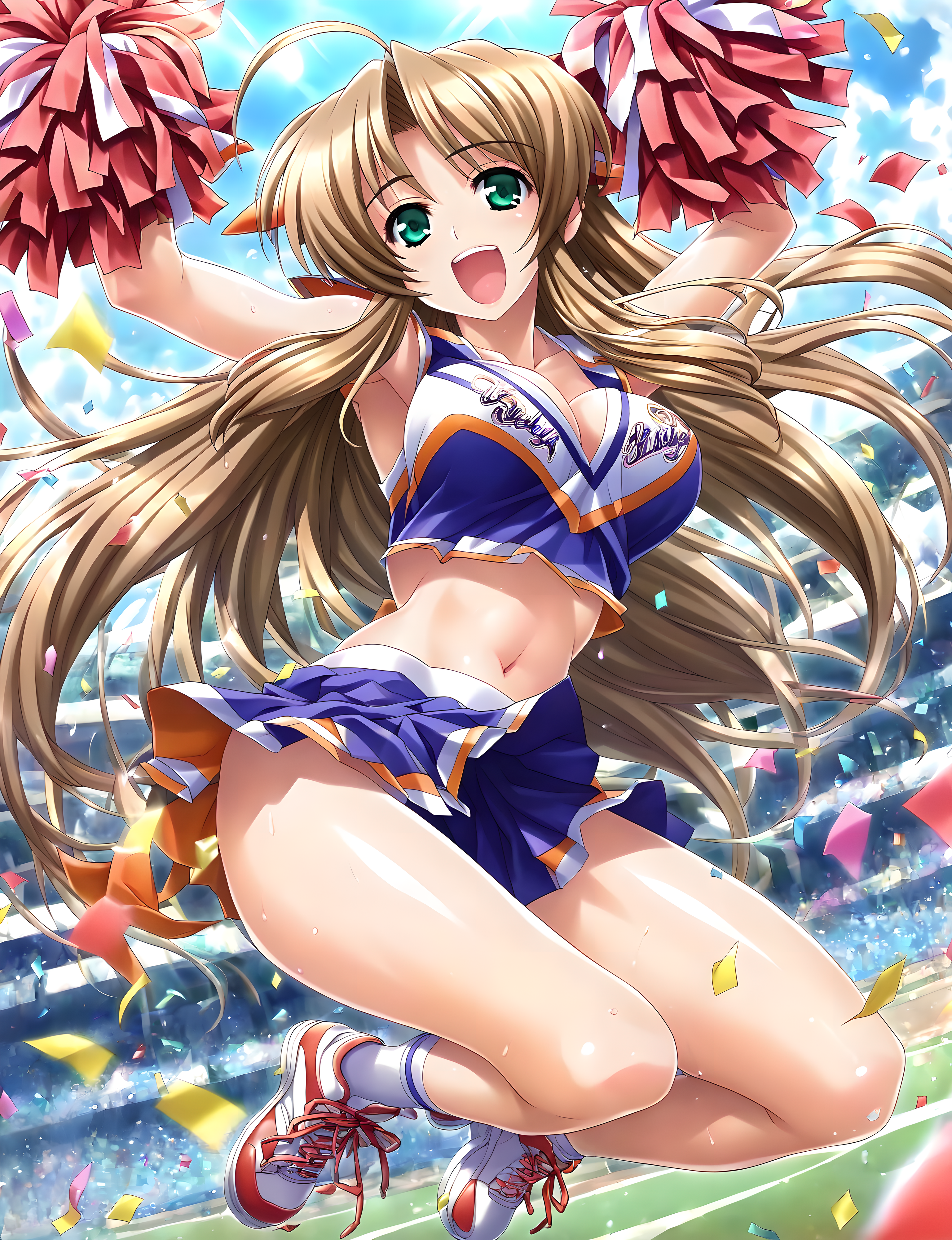 <lora:pony_xl_sae:0.8>,sae,score_9,score_8_up,score_7_up,source_anime,1girl,cheerleader,jumping,jump,navel,arm_up,cleavage,bouncing breasts,laughing,front view,sneakers,shining sunlight,lens_flare,hair_flaps,a packed stadium,confetti,arched_back,outstretched_arm,wind_lift,arms_up,
