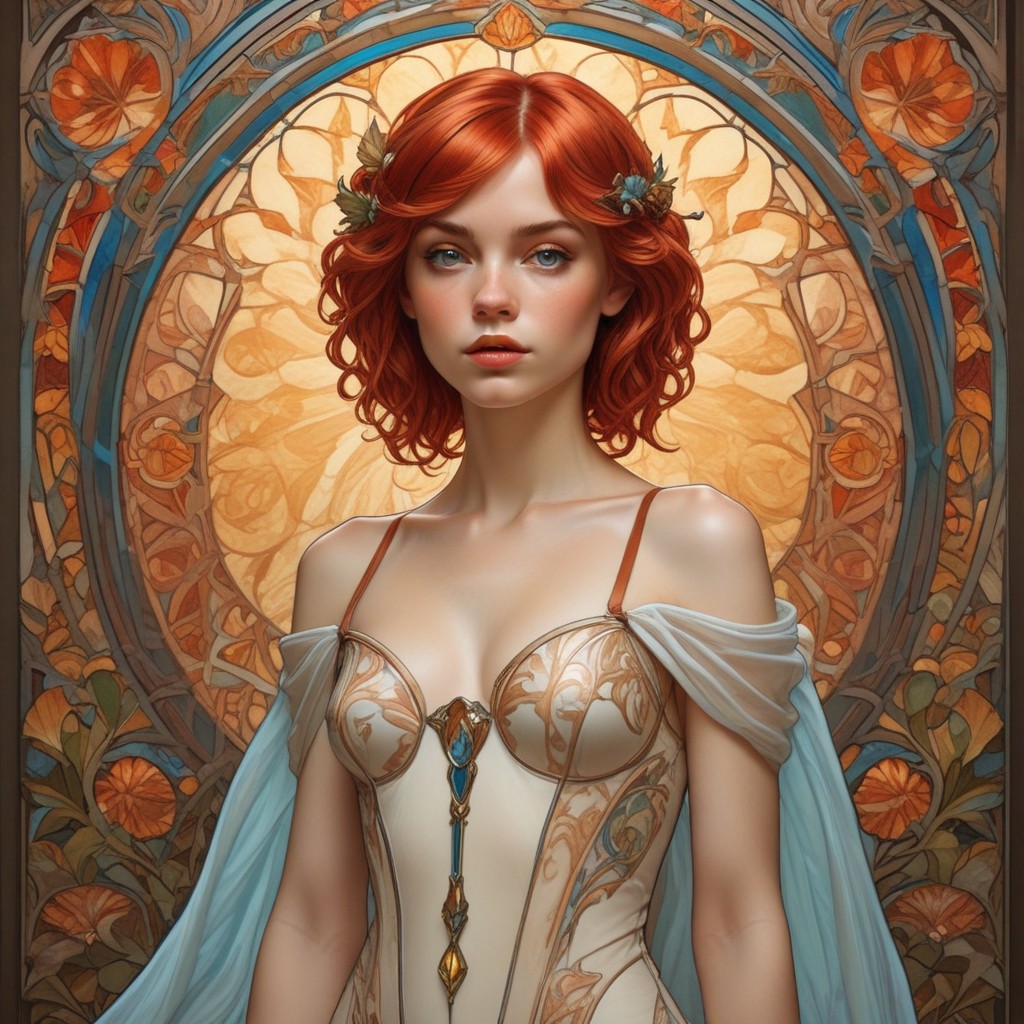 red hair, gloves, hand on hip, small breasts  forest autumn colors background, blue eyes looking at viewer, young woman detailed, solo, realistic, art nouveau stained glass, glowing day lights, white dress, realistic, short hair,