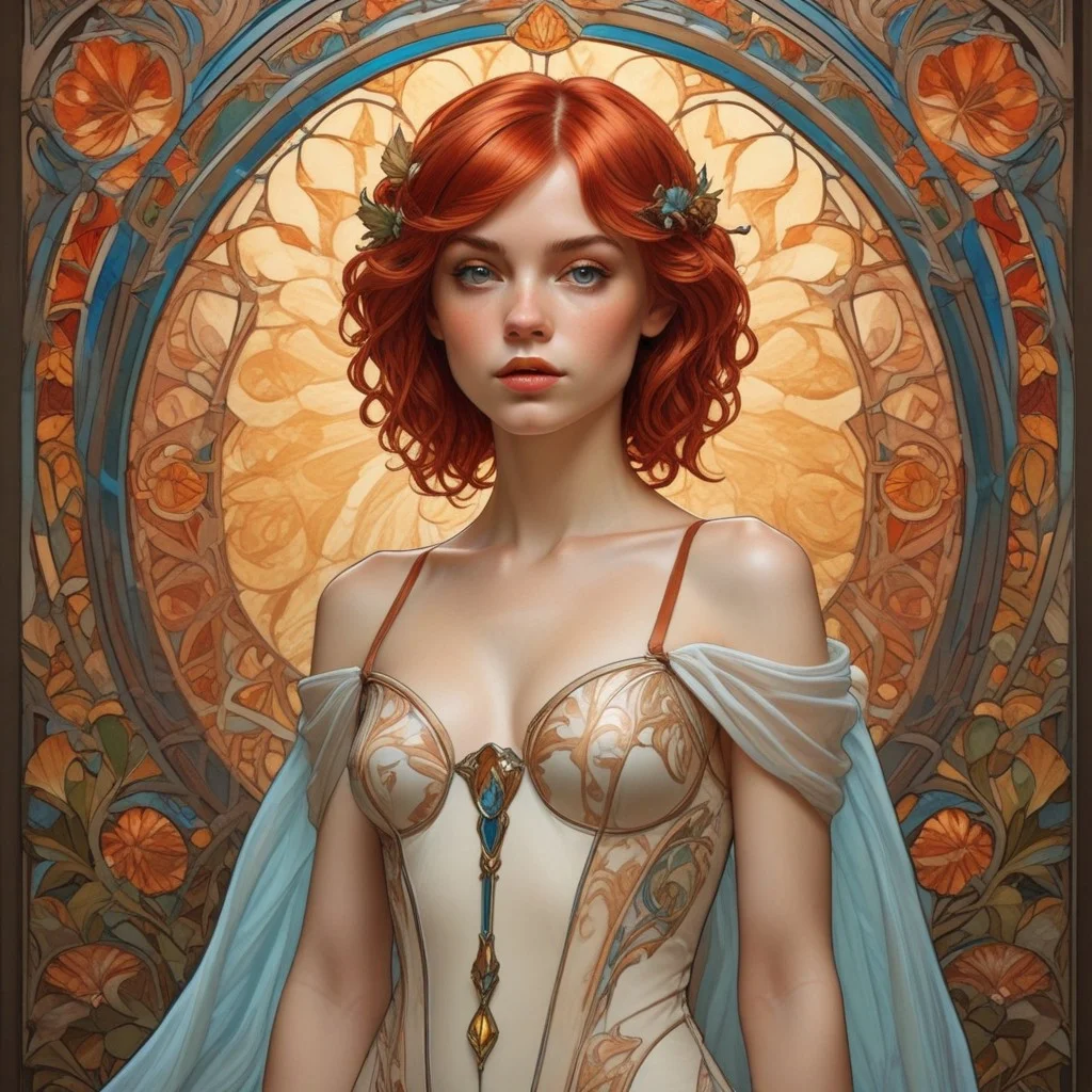 red hair, gloves, hand on hip, small breasts  forest autumn colors background, blue eyes looking at viewer, young woman detailed, solo, realistic, art nouveau stained glass, glowing day lights, white dress, realistic, short hair,
