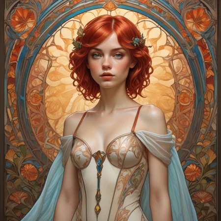 red hair, gloves, hand on hip, small breasts forest autumn colors background, blue eyes looking at viewer, young woman detailed, solo, realistic, art nouveau stained glass, glowing day lights, white dress, realistic, short hair,