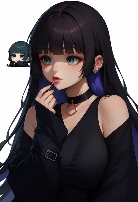 score_9, score_8_up, score_7_up, sticker, chibi, reference inset, <lora:GenshinImpactStickerRedraw_pdxl_Incrs_v1:1>, white background, <lora:Hoseki_BocchiTheRock_Pasan_PDXL_v2:0.8> pasan, colored inner hair, large breasts, ear piercing, chin piercing, hime cut, choker, black dress, long dress, shoulder cutout, sleeves past fingers, <lora:ChamApplyingLipstickPonyXL:0.8> applying lipstick, holding lipstick tube