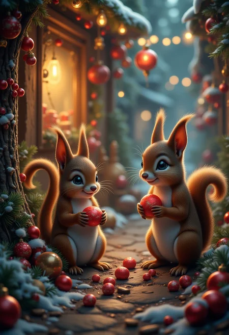 Christmas night, decorations, squirrels holding sweets, Christmas atmosphere, ultra realistic, high quality, masterpiece, extremely detailed, hd, high_detailed, captured in high detail, bo-christmas