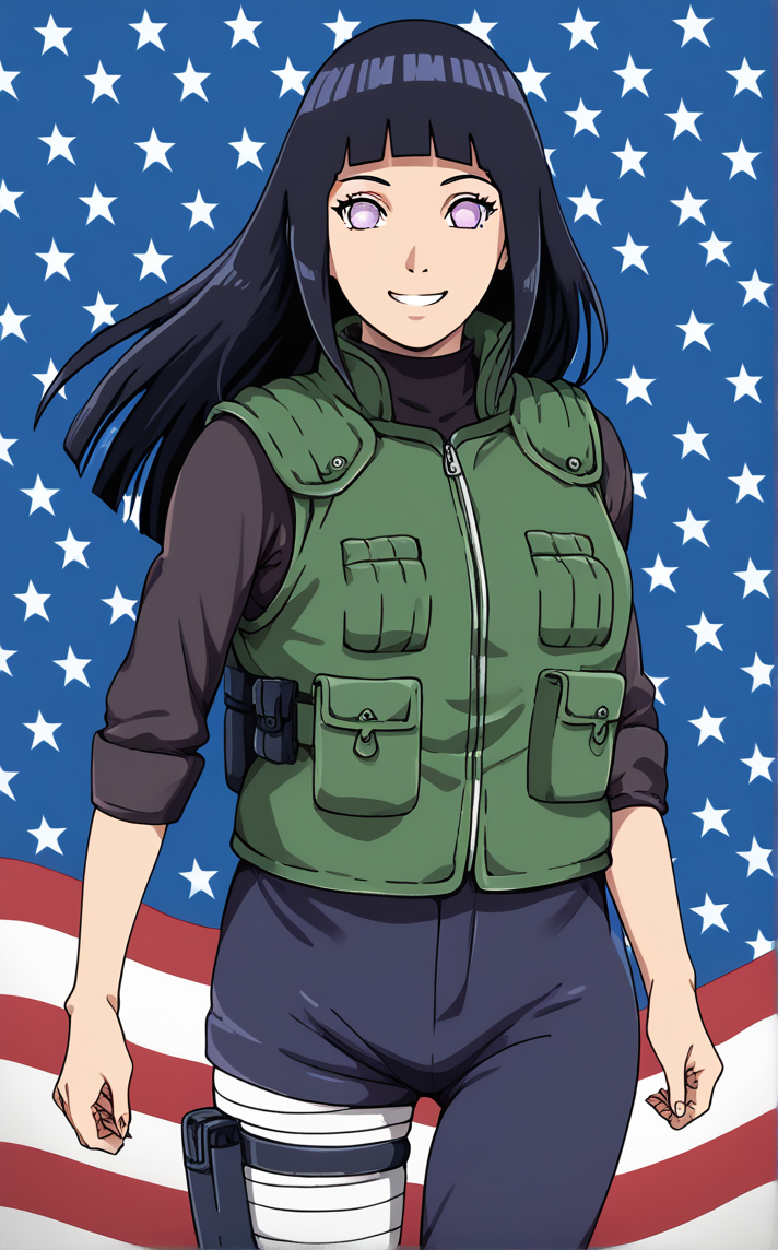 score_9, score_8_up, score_7_up, portrait, american flag, flag background, smile, vertical stripes, striped, star symbol,   <lora:PONYXL_NARUTOShipp_HyugaHinata_ownwaifu:1>, BREAK ShinobiJacket_HyugaHinata_ownwaifu, 1girl, black hair, blunt bangs, hyuuga hinata, long hair, no pupils, purple eyes, straight hair, long sleeves, green vest, jacket, konohagakure symbol, bandages, bandaged leg, black shirt, sleeveless jacket, thigh pouch, vest, sidelocks, blue pants, shiny hair, thigh strap, turtleneck, hime cut, pocket, bandaged arm, pouch, uniform,<lora:add-detail-xl:0.15>,