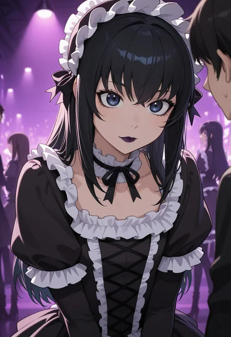 masterpiece, best quality, amazing quality, high detail, absurdres,  kei yuuki, yuuki kei, \(moyashimon\), black hair, dark blue eyes, goth, gothic fashion, black eyeliner, dark purple lipstick, otoko no ko, 1boy, long hair, lipstick, crossdressing, makeup,, cinematic lighting, chiaroscuro, depth of field, nightclub,