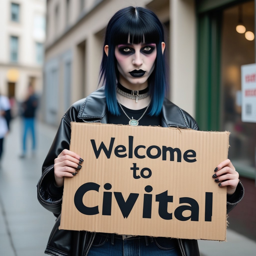 buzz, a fashion streetwear elitist goth girl model holding a cardboard sign that reads "WELCOME to CIVITAi"<lora:buzz-text:.8>