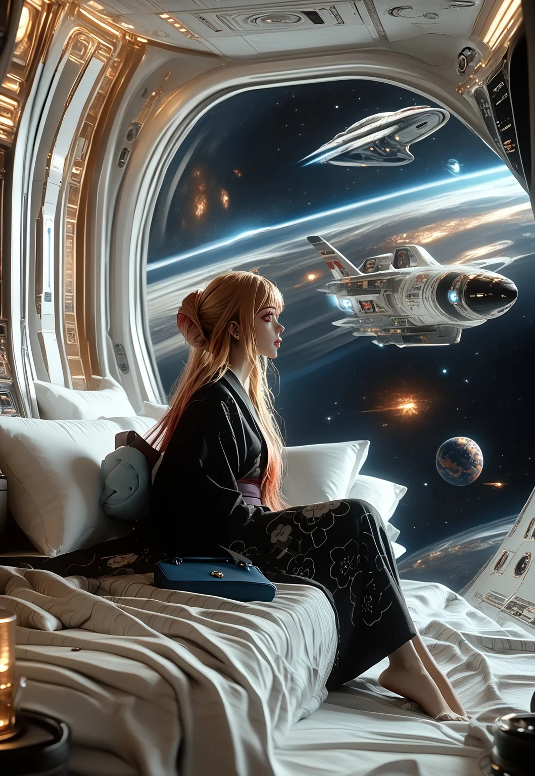 score_9, score_8_up, score_7_up, 8k uhd, masterpiece, best quality, high quality, ultra-detailed, (highly detailed), OverallDetail, Expressiveh, (())
,
((( 1girl, solo )))
,
((( Best view )))
,
((( Spacehotelmb, space, planet, spacecraft, science fiction )))
,
((( marin kitagawa, long hair, bangs, blonde hair, red eyes, multicolored hair, japanese clothes, kimono, bag, sash, obi, floral print, yukata, black kimono, hair bun, single hair bun )))
,
((( Girl sitting on the bed, )))
,
((( Bed, bedroom, pillow )))