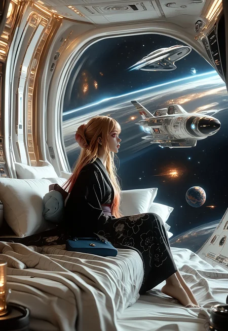 score_9, score_8_up, score_7_up, 8k uhd, masterpiece, best quality, high quality, ultra-detailed, (highly detailed), OverallDetail, Expressiveh, (())
,
((( 1girl, solo )))
,
((( Best view )))
,
((( Spacehotelmb, space, planet, spacecraft, science fiction )))
,
((( marin kitagawa, long hair, bangs, blonde hair, red eyes, multicolored hair, japanese clothes, kimono, bag, sash, obi, floral print, yukata, black kimono, hair bun, single hair bun )))
,
((( Girl sitting on the bed, )))
,
((( Bed, bedroom, pillow )))