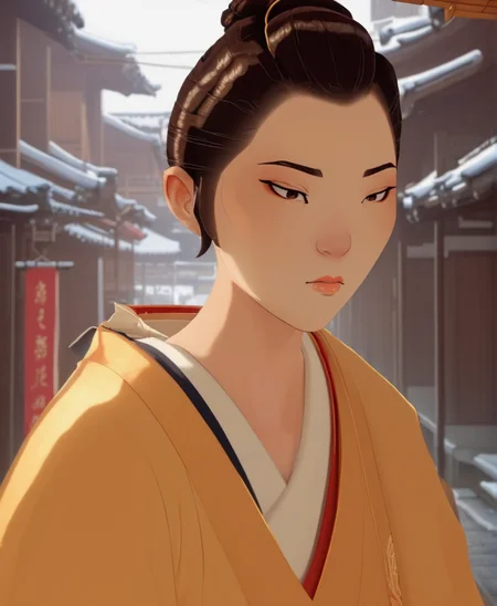full color drawing of Mizu, woman,garbed in a gold uchikake, empty street, Edo period, closeup, epic character composition,by ilya kuvshinov, manon bailly, drawing <lora:BlueEyeSamurai:1> <lora:offset_0.2:1>