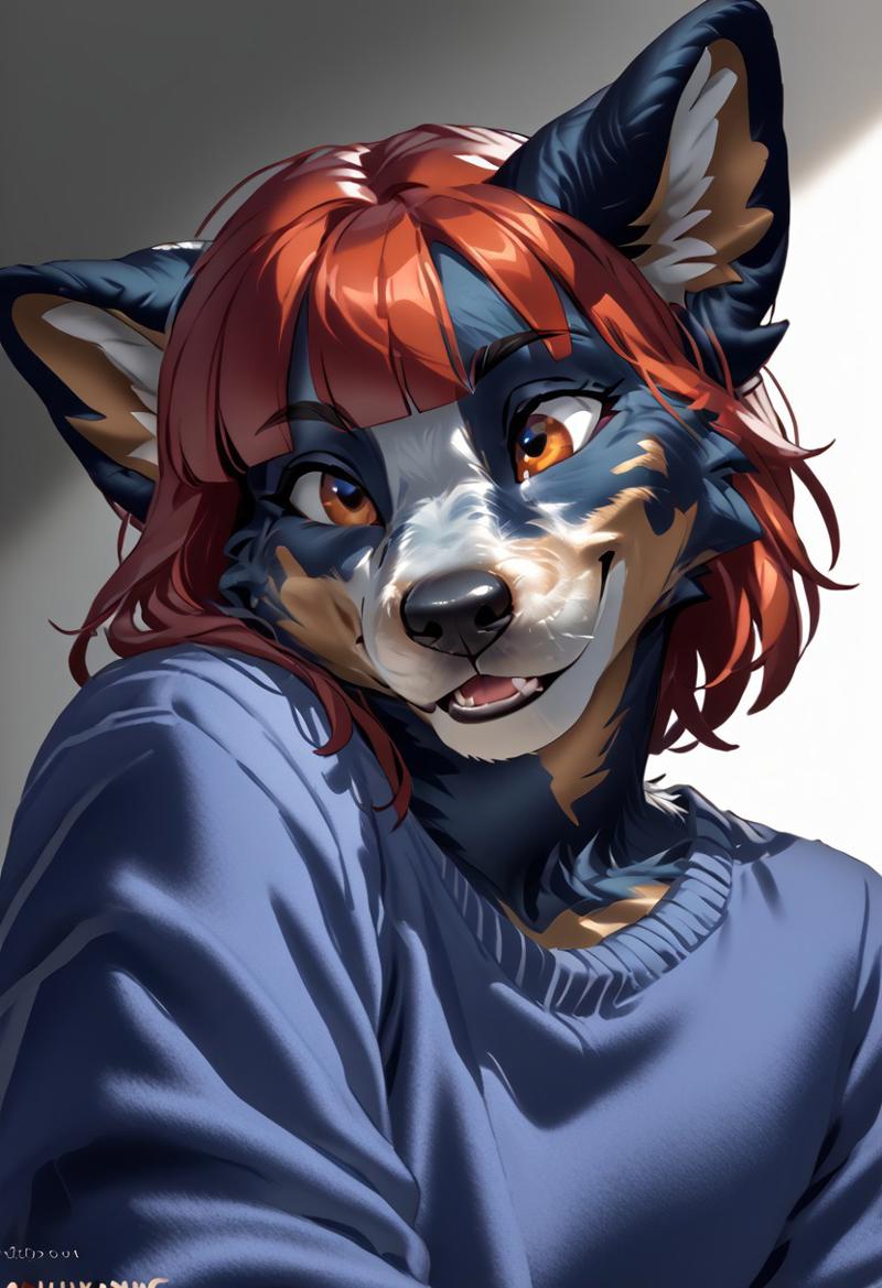 score_9, score_8_up, score_7_up, (by kittydee:1.5), (by jailbird:1.5), (by zummeng:1.5), masterpiece, best quality, (solo), 
(Furry Art: Anthro: Australian Cattle Dog:1.5), expressive eyes, feminine eyes, perfect face, feminine face, large breasts, perfect face, (blue speckled fur:1.5), orange eyes, streaked hair, red hair with orange highlights, (bob cut hair), (blunt bangs:1.5),