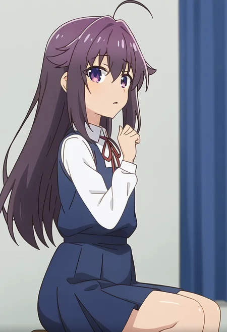 masterpiece, best quality, absurdres, very aesthetic, aesthetic, 1girl, ct_ank0, pinafore dress, collared shirt, red ribbon, long sleeves, looking at viewer, standing, shiny skin, indoors, sitting, <lora:Anko_Koshi_XL_ct_ver2:0.9>