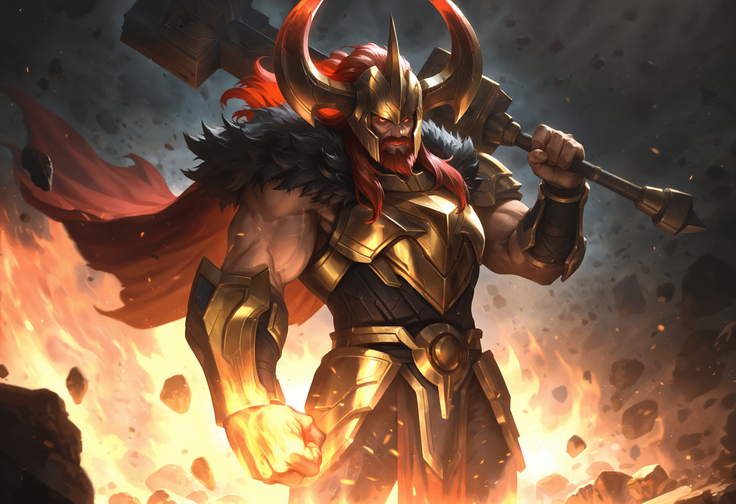 lolart, 1boy, beard, belt, biceps, breastplate, clenched hand, debris, embers, facial hair, fighting stance, fire, fur trim, fur-trimmed cape, gauntlets, glowing eyes, gold armor, hammer, helmet, holding weapon, horns, long hair, looking at viewer, male focus, manly, mature male, muscular male, over shoulder, red cape, red eyes, red hair, rock, shoulder armor, solo, sword, upper body, weapon over shoulder <lora:lolart-ill11-v5.1:0.8000000000000002>