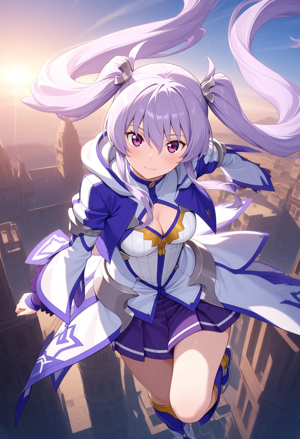 elfriede_albert(witchmaster), purple eyes, hair between eyes, twintails, very long hair, purple hair, medium breasts,
hair ornament, white long sleeves, purple skirt,cleavage, blue boots,
<lora:elfriede_albert(witchmaster)_Illustrious-XL-1.1-v1:1>, masterpiece, best quality, absurdres, very aesthetic, (1girl, solo:1.2),newest, year 2023,, flying, (dynamic_pose),
blush,closed mouth,light smile,
looking at viewer,cowboy shot,
(outdoors)