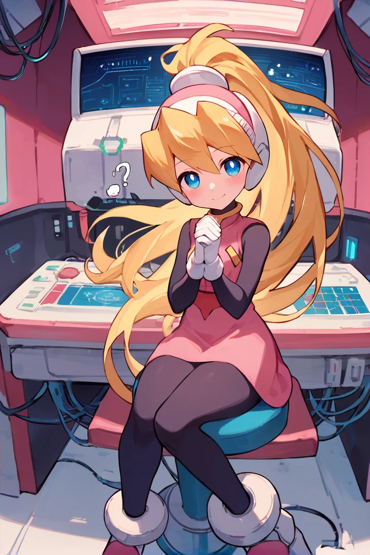 source_anime, score_9, score_8_up, score_7_up, cielbase, solo, helmet, blonde hair, very long hair, ponytail, blue eyes, pink vest, pink dress, bodystocking, arm stockings, pink skirt, white gloves, thighs,
BREAK volumetric lighting, blush, laboratory,  multiple monitors, cables, black pantyhose, cyberspace, glitch, high heels, floating hair, anklet, sitting on stool, hands together, hands on lap, smile, looking at viewer, head tilt, ?,
<lora:ciel-step00000800:1>