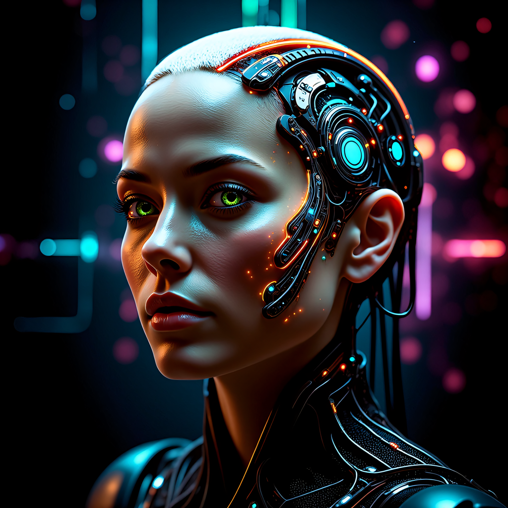 Create a futuristic, high-contrast image of a bioengineered woman with a neural network implanted in her brain, short buzzed hair with green eyes, gazing directly at the viewer with a confident and slightly surprised expression. Her skin is smooth and natural, but her eyes seem to hold a hint of macabre intensity. The background is a dark, nebula-like expanse, with tendrils of color swirling around her like a cyberpunk aurora. The overall effect should be one of dramatic, high-contrast realism, with a focus on fine texture and extreme detail. The image should feel like a still from a sci-fi movie, with a sense of futuristic unease and tension.   <lora:flux/skin texture style v5.safetensors:1.0>, skin texture style, realism, detailed, <lora:flux/Realism 2.safetensors:0.8>, realism, realistic,  <lora:art and styles/MysticFantasy.safetensors:0.8>,