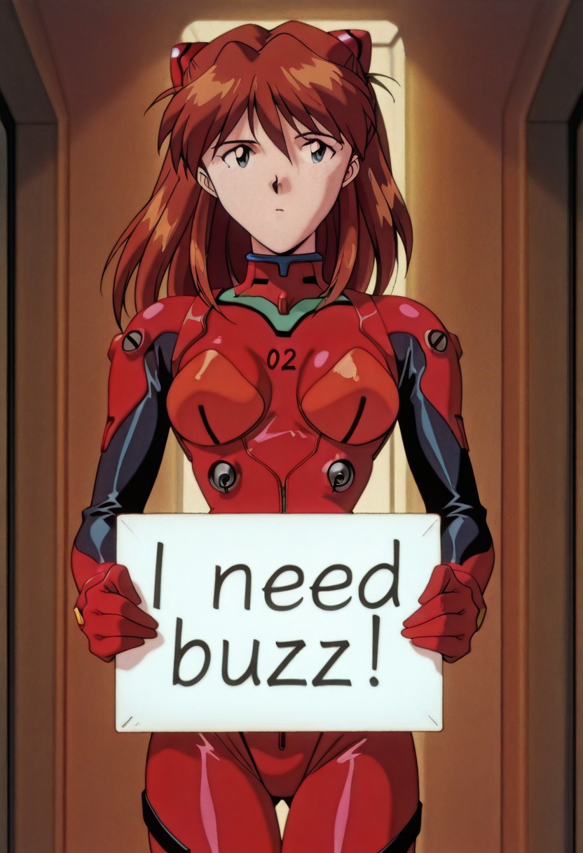 masterpiece, best quality, 1girl, sysdeep_asuka, breasts, retro artstyle, anime screencap, bodysuit, headgear, plugsuit, red bodysuit, solo, cool background, need_buzz, holding sign