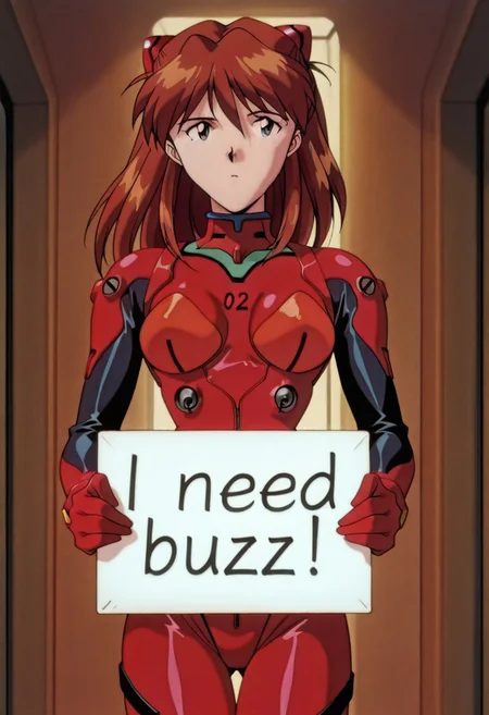 masterpiece, best quality, 1girl, sysdeep_asuka, breasts, retro artstyle, anime screencap, bodysuit, headgear, plugsuit, red bodysuit, solo, cool background, need_buzz, holding sign