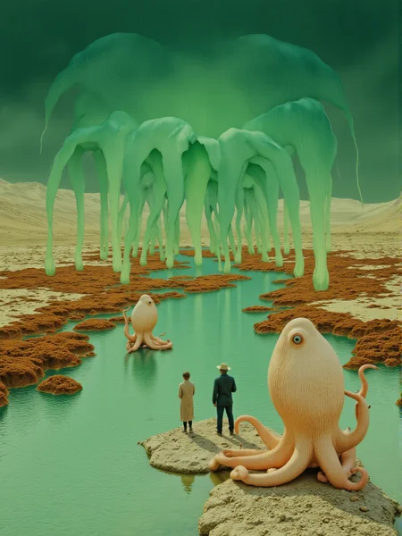 <lora:Florate Flux_v2_epoch_3:0.9> Peruvian stretched Surrealism photograph of mint green and mahogany and russet scene with many striated angular pale shapes. stormy summer wetland. octopus. People, animals and characters are elongated.