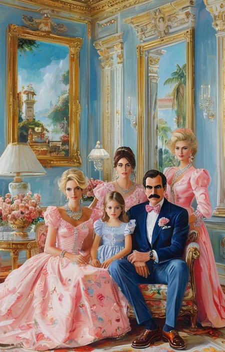 masterpiece,best quality,<lora:tbh343-sdxl:0.75>,illustration,style of Mario Buatta portrait of family