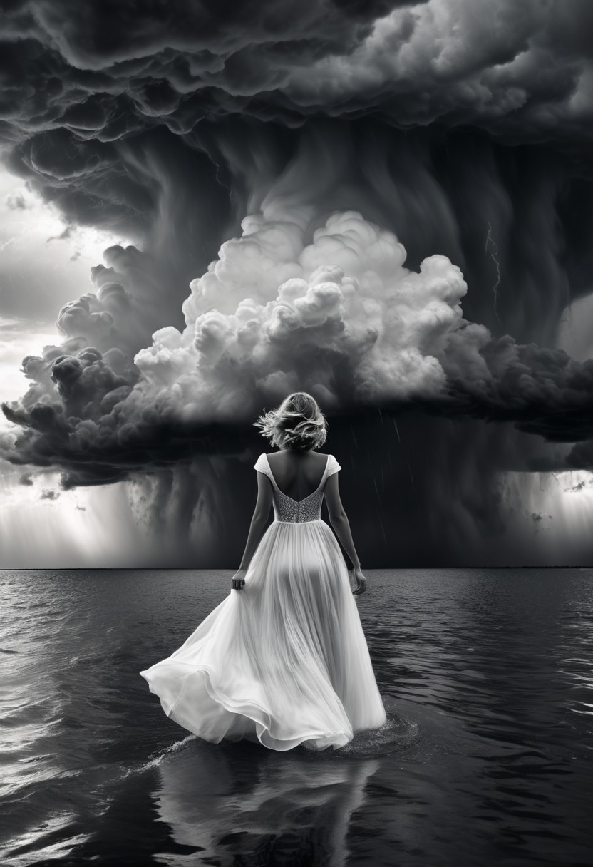 <lora:xl_more_art-full_v1:0.3>, subsurface scattering, photorealistic, hyperrealistic, analog style, realistic, film photography, soft lighting, heavy shadow, (black and white, greyscale:1.5), woman walking on water, looking straight ahead, elegant billowing dress, ominous storm clouds, tornado,