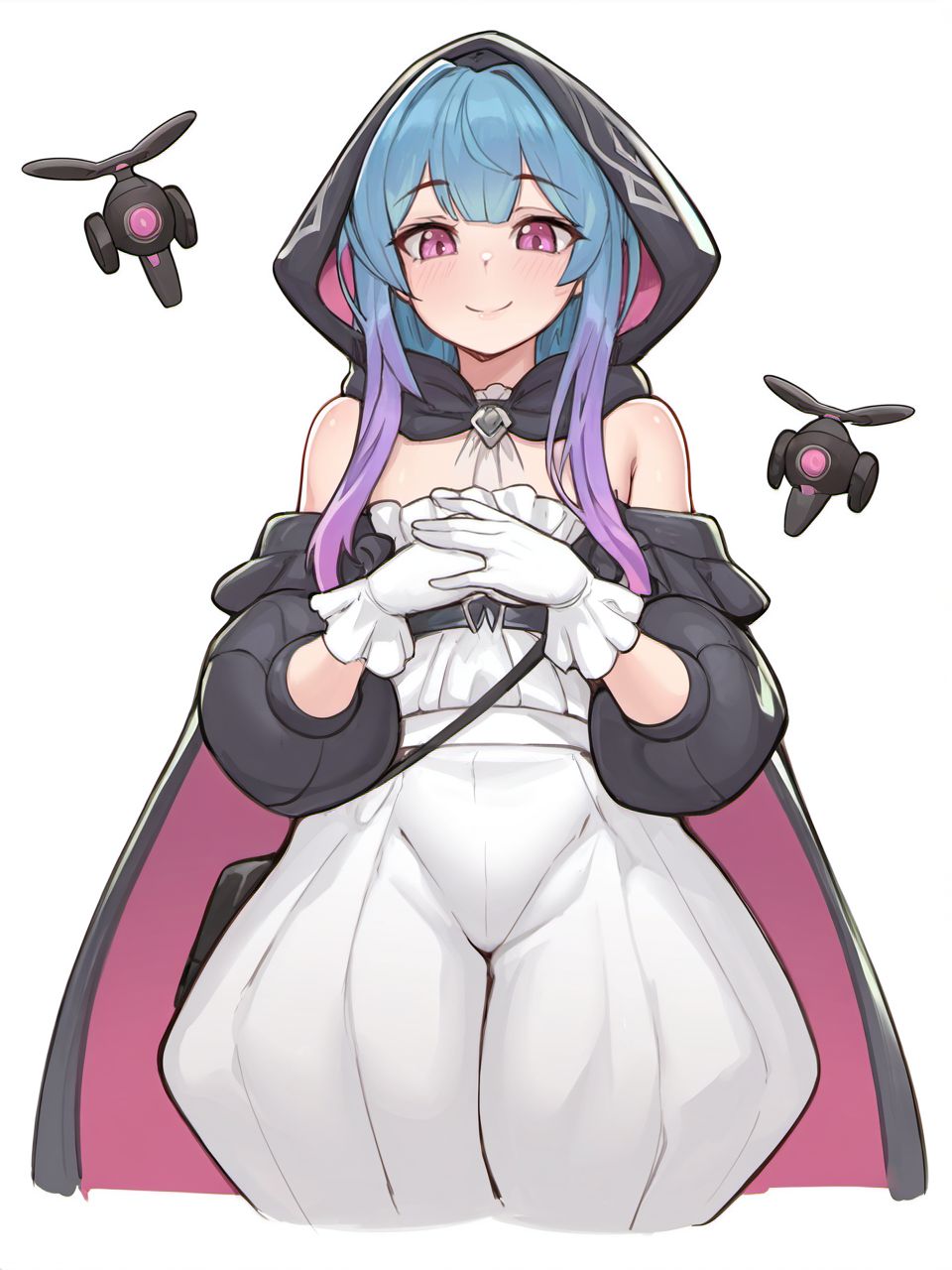 masterpiece, best quality, amazing quality, very aesthetic, high resolution, <lora:stmast_style_v2_epoch_7:0.9>,
stmasterstyle, 1boy, blue hair, male focus, gloves, otoko no ko, multicolored hair, smile, hood, (white background:1.5), hooded cloak, cloak, puffy sleeves, puffy pants, frills, purple hair, gradient hair, looking at viewer, cropped legs, solo, pink eyes, bare shoulders, drone, long hair, bangs, hood up, white gloves, closed mouth, cowboy shot,