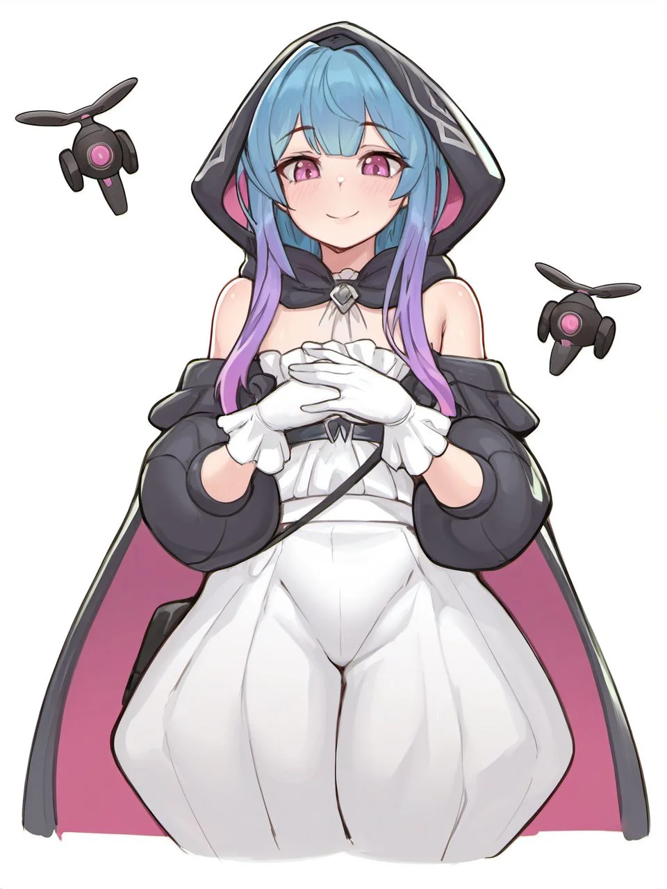 masterpiece, best quality, amazing quality, very aesthetic, high resolution, <lora:stmast_style_v2_epoch_7:0.9>,
stmasterstyle, 1boy, blue hair, male focus, gloves, otoko no ko, multicolored hair, smile, hood, (white background:1.5), hooded cloak, cloak, puffy sleeves, puffy pants, frills, purple hair, gradient hair, looking at viewer, cropped legs, solo, pink eyes, bare shoulders, drone, long hair, bangs, hood up, white gloves, closed mouth, cowboy shot,