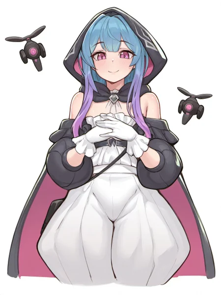 masterpiece, best quality, amazing quality, very aesthetic, high resolution, <lora:stmast_style_v2_epoch_7:0.9>,
stmasterstyle, 1boy, blue hair, male focus, gloves, otoko no ko, multicolored hair, smile, hood, (white background:1.5), hooded cloak, cloak, puffy sleeves, puffy pants, frills, purple hair, gradient hair, looking at viewer, cropped legs, solo, pink eyes, bare shoulders, drone, long hair, bangs, hood up, white gloves, closed mouth, cowboy shot,